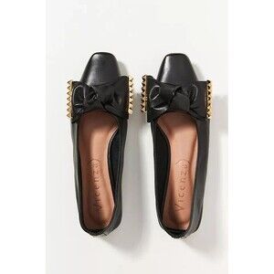 ANTHROPOLOGIE Vicenza Black Leather Studded Bow Square-Toe Flats - EU 36, US 5